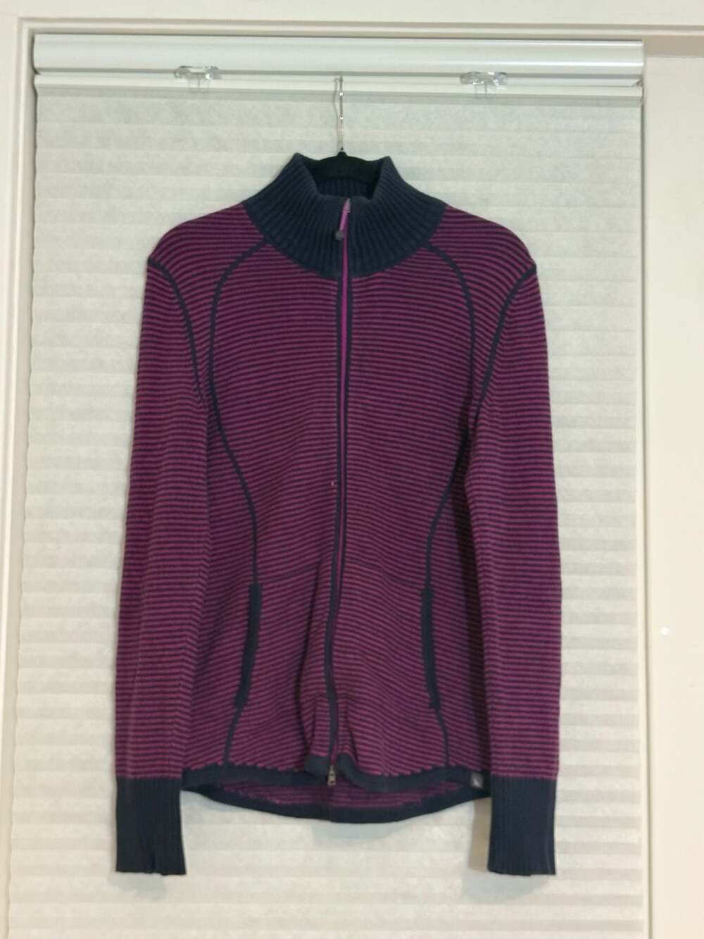 Eddie Bauer Full Zip Sweater Size M Purple Striped Mock Neck Cardigan